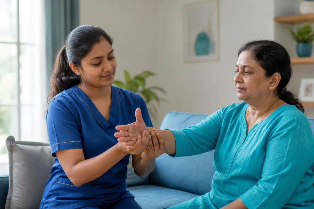 Physiotherapist guiding gentle hand and wrist movement