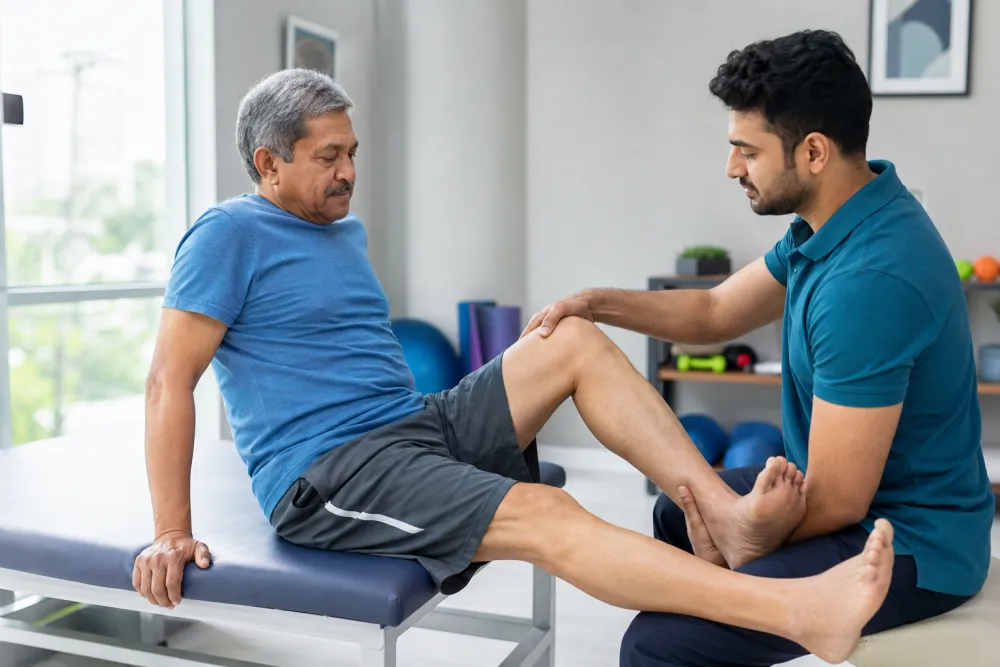 Physiotherapist supporting a knee and ankle mobility exercise