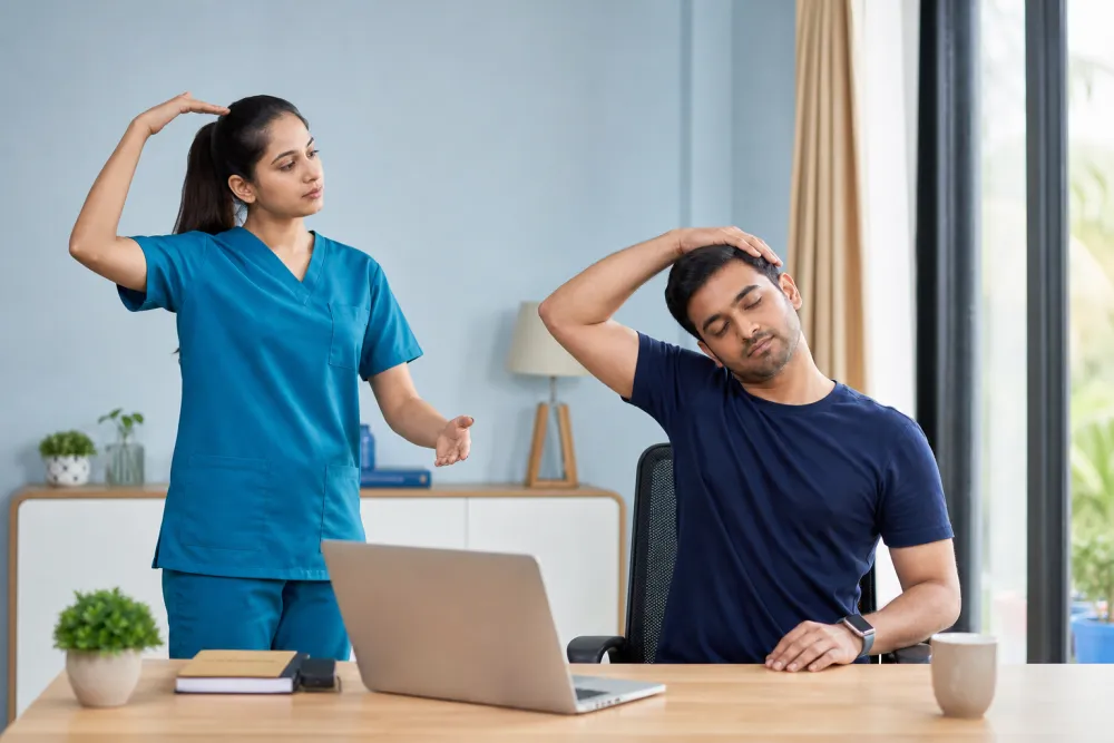 Office worker following guided neck mobility exercise
