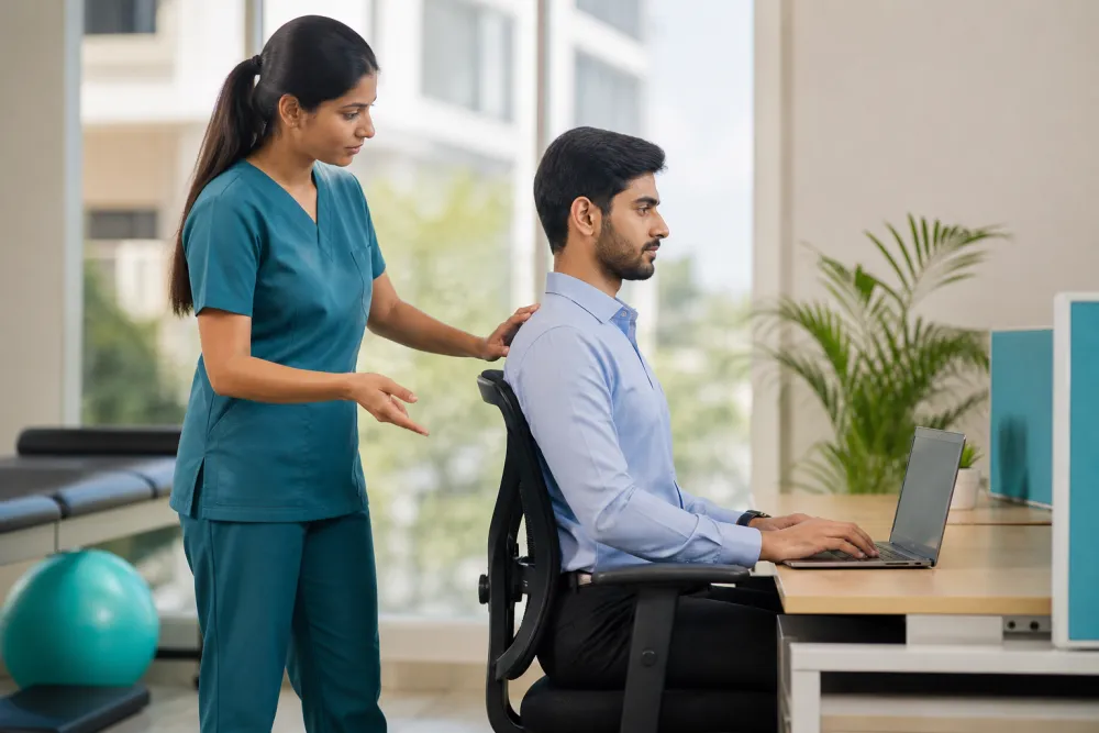 Physiotherapist providing ergonomic desk posture guidance