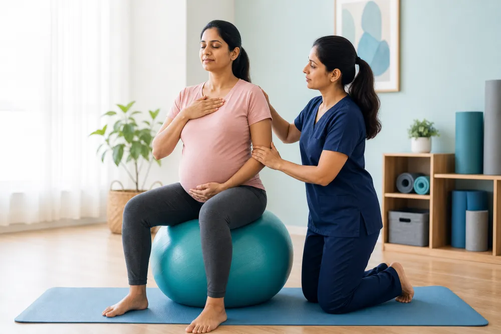 Pregnant woman receiving gentle exercise guidance from physiotherapist